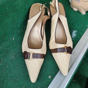 Predictions 11 M Point Toe Kitten Heel Slingback Canvas Faux Leather Snake